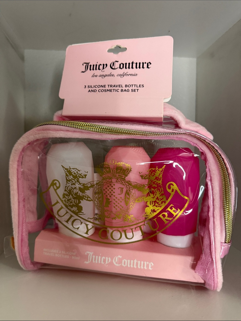 S Juicy Couture 3-Piece Silicone Travel Bottle Set with Cosmetic Bag New!